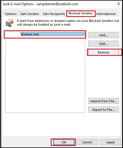 Select the Blocked Senders tab