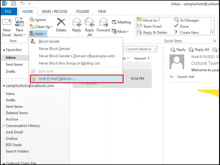 Select Junk Email