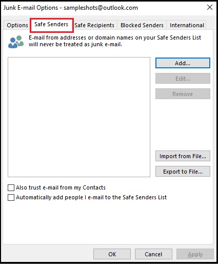 Select the Safe Senders tab