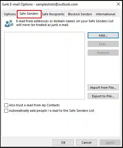 Select the Safe Senders tab