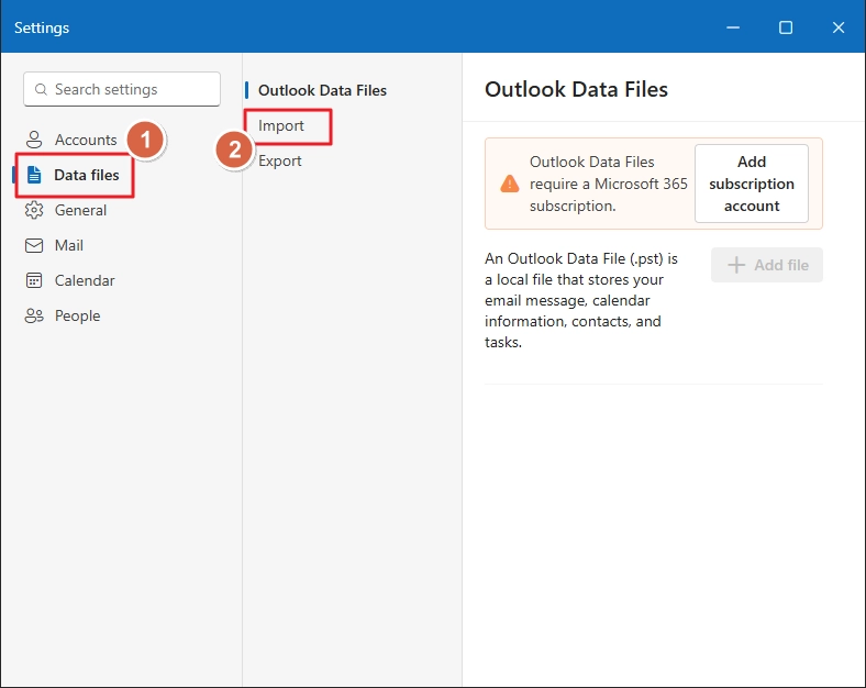 Click data files and select import option
