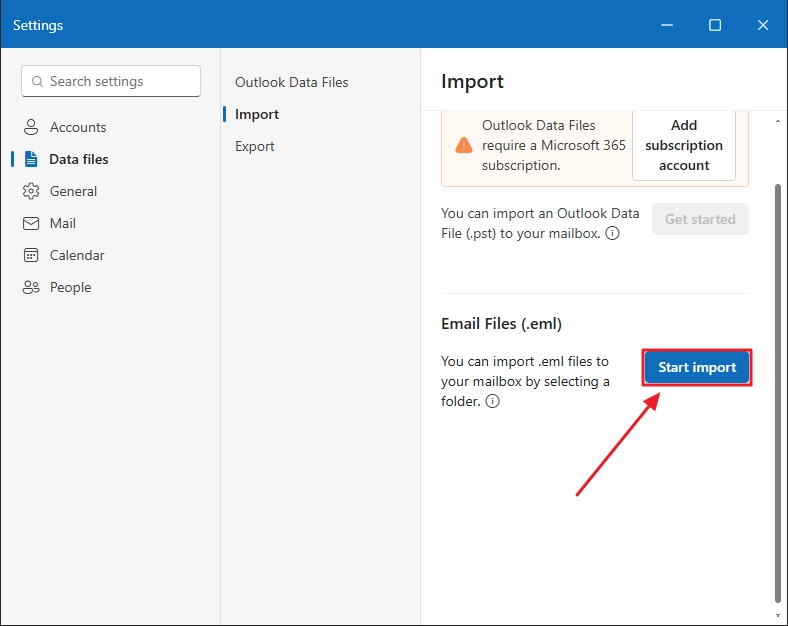 Click the start import button