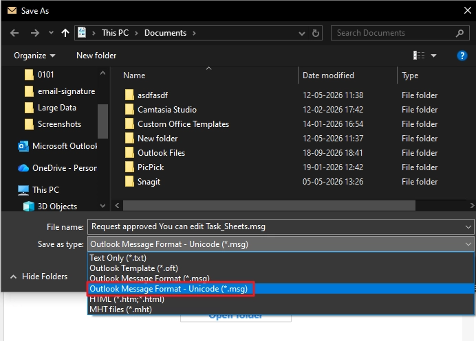 Select Outlook Message Format Unicode