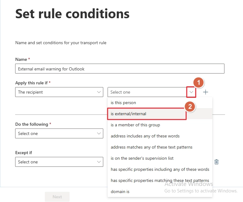 Select external/internal option