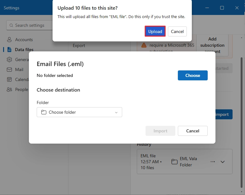 Confirm to upload EML files