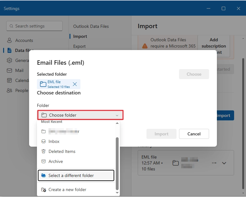 Choose destination folder in outlook