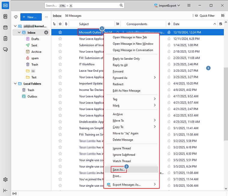 Open Thunderbird then left-click on your mail after that click on Save As option.