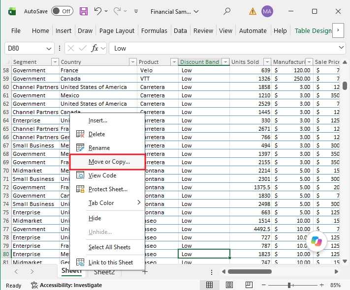select sheet