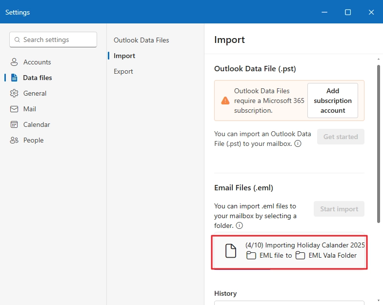 New outlook starts importing EML file