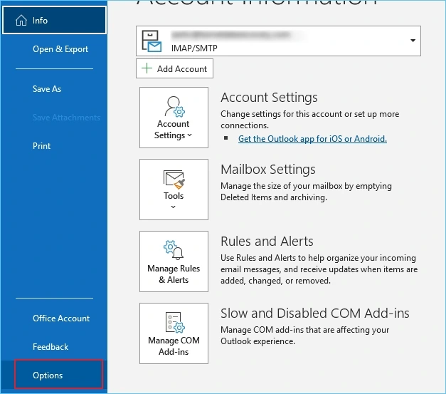 click on options and then mail