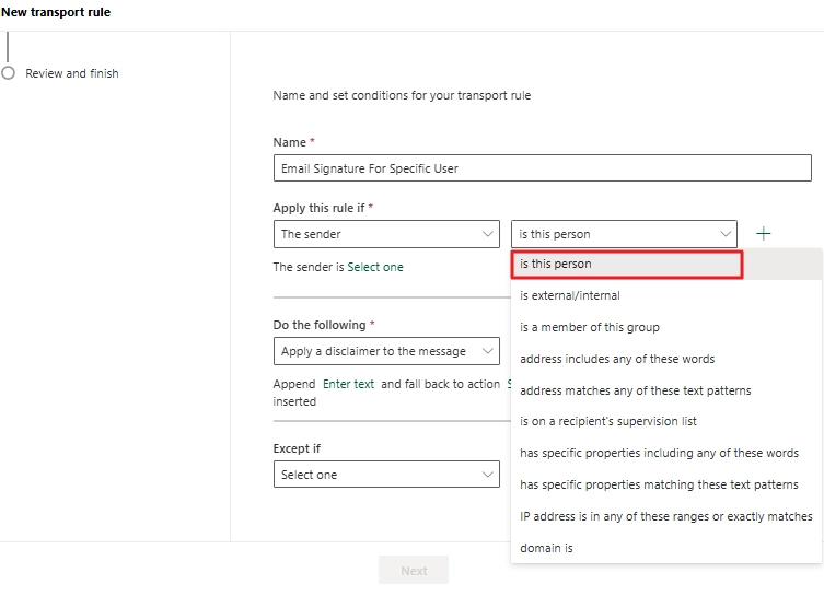 email signature fo specific user
