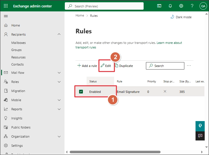 Select rule that adds the company email signature