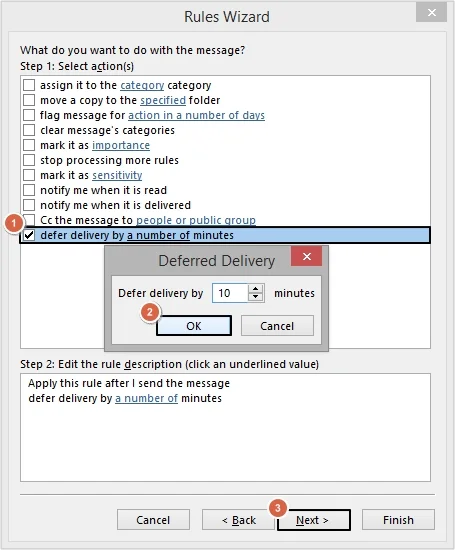 Select defer delivery by a number of minutes