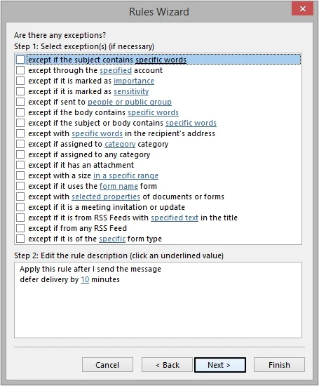 Select exceptions for the rule you have defined