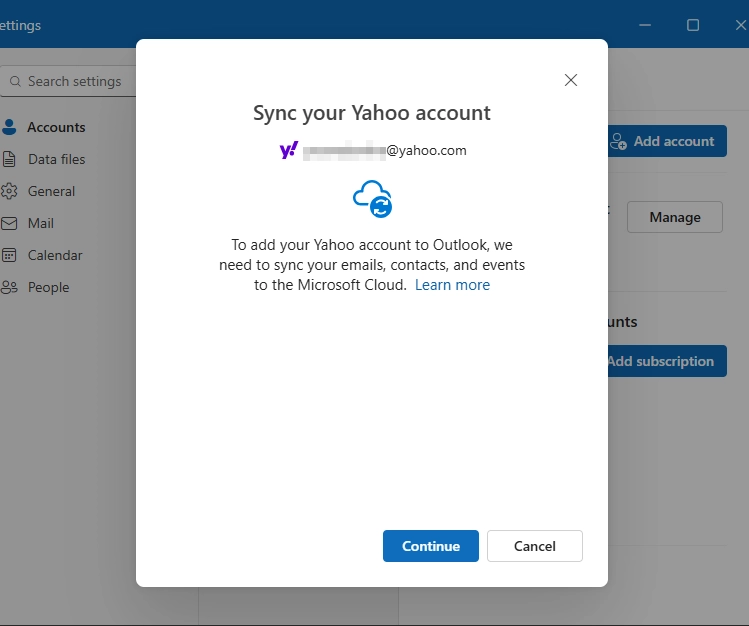 click Continue to sync emails