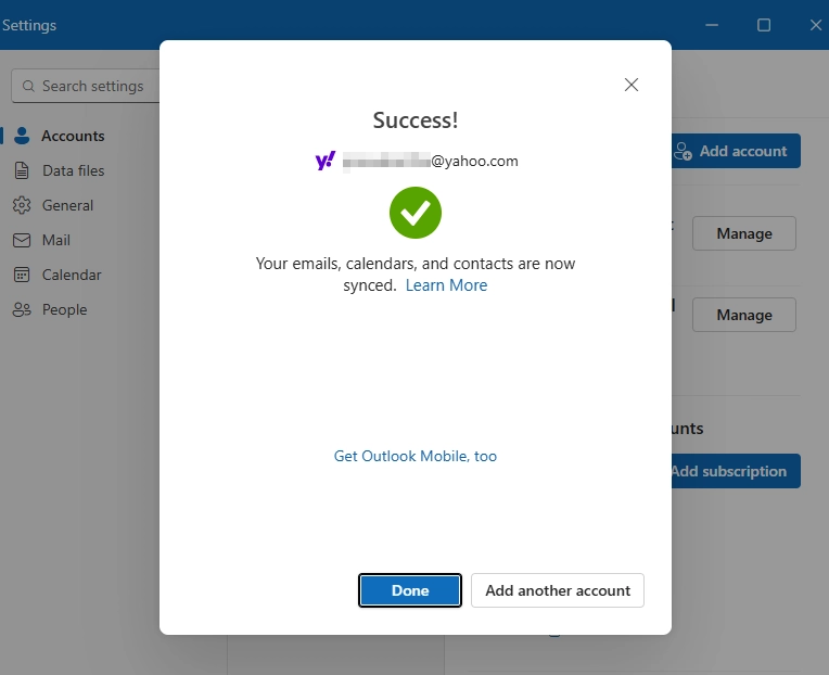 Yahoo Mail Account Added in New Outlook