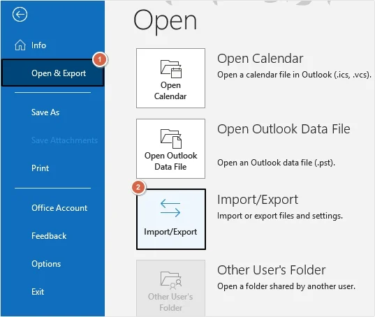 Go to file and open import or export