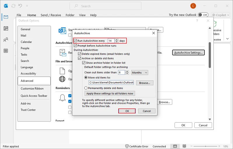 Enable Run AutoArchive
