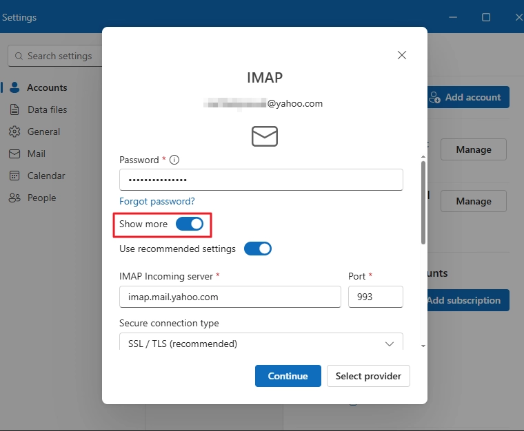 verify the IMAP settings