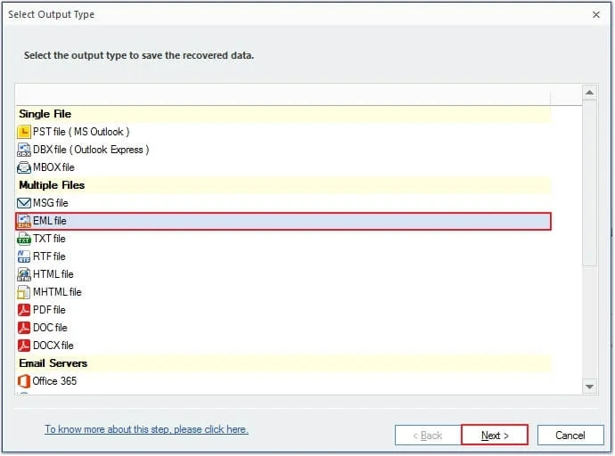 Select EML as a output option