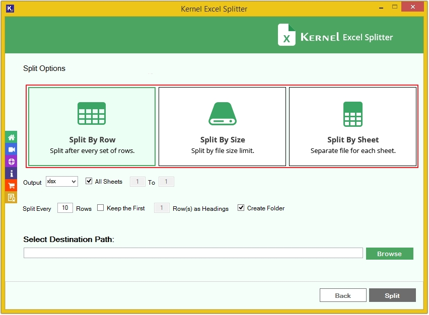select the options by row, size, and sheets