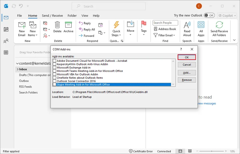 Deselect all add-ins
