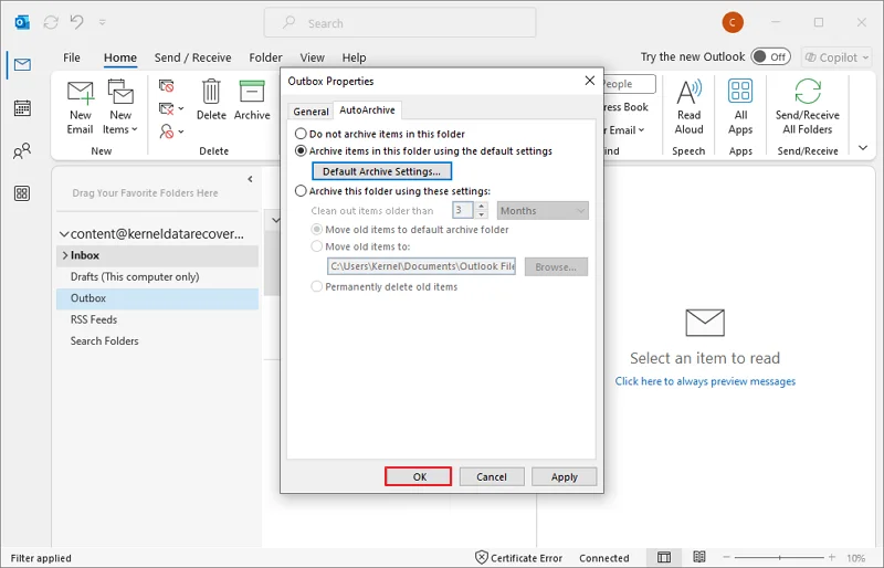 Disable Do not Archive Items in this folder