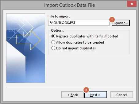 browse to add pst file