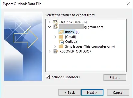 Select the Gmail account to export data