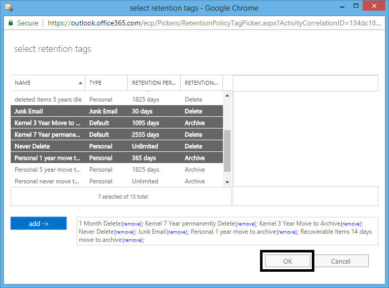 Click OK to save the Retention tags
