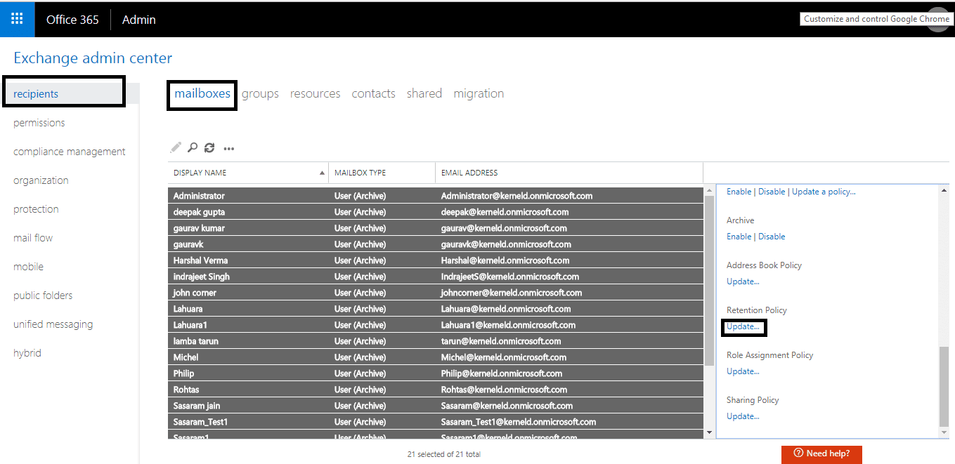 Assign new Retention Policy to User Mailboxes
