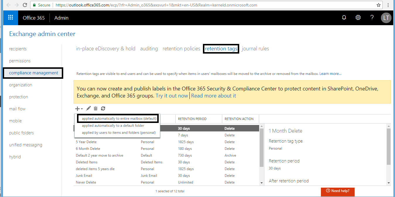 Create a custom retention tag