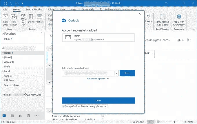 start working on your Yahoo account in Outlook