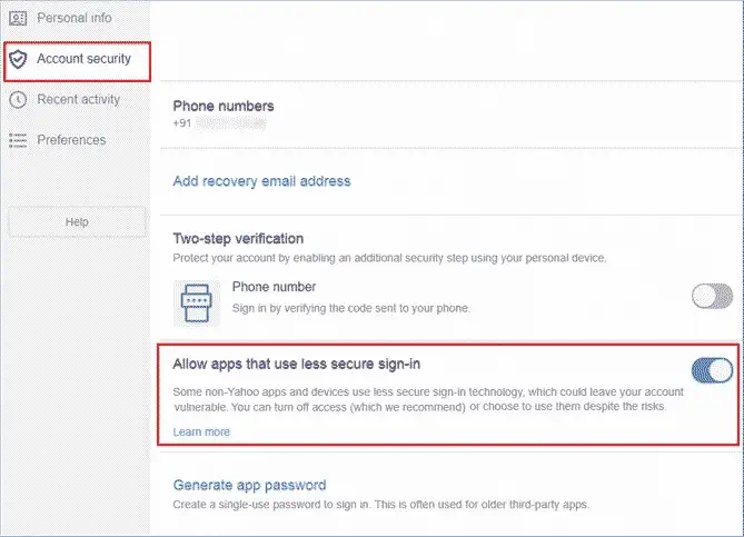 enable Allow apps that use lesser secure sign-in