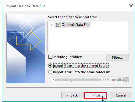 select the folder to import pst
