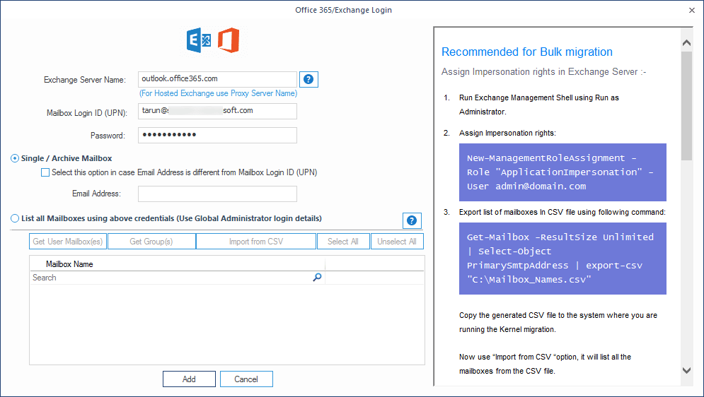 Input Office 365 account