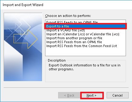 Select Export to a file from Import and Export Wizard