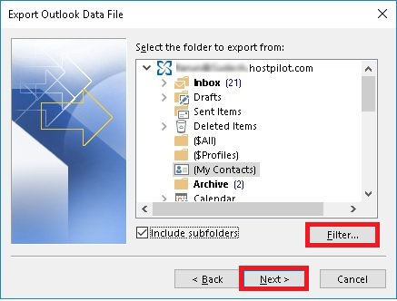 Click Filter to back up the data selectively