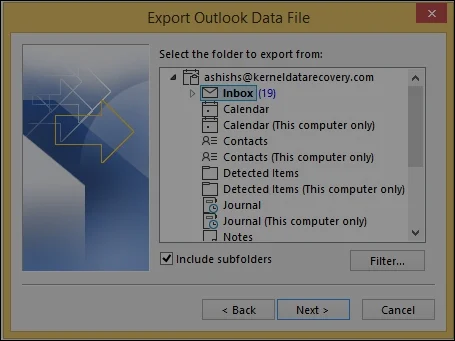 choose the folder of your Outlook mailbox