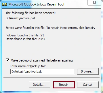 Click Repair to start the repair process