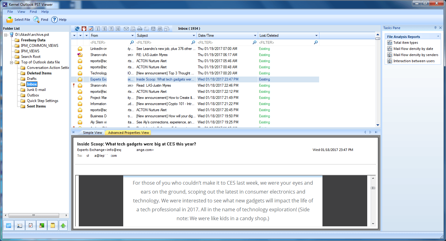 Preview of the mailbox items inside the PST file