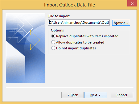 Select the PST file that you want to import in Outlook