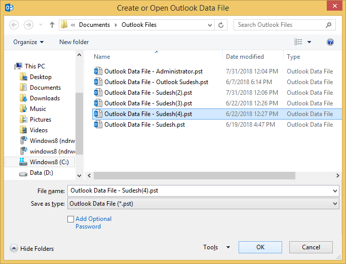 Browse the location and select the PST file
