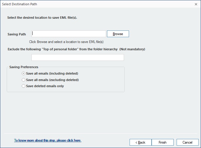 Set the desired path to save the EML file