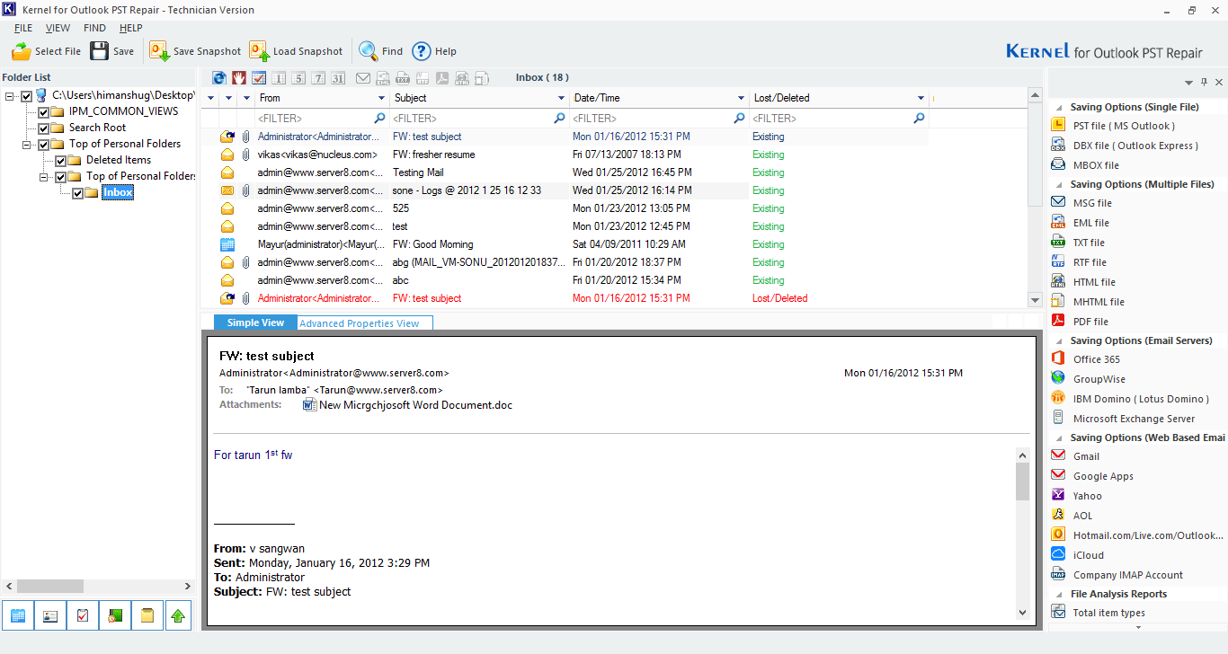 Click any folder to preview its emails/items in the tool
