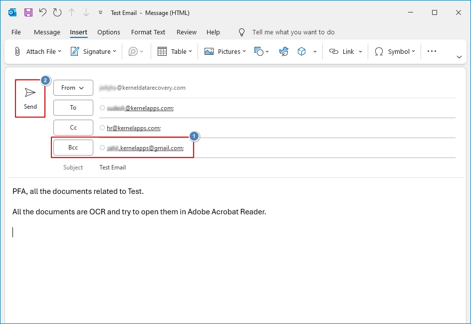 Enter email addresses in Bcc