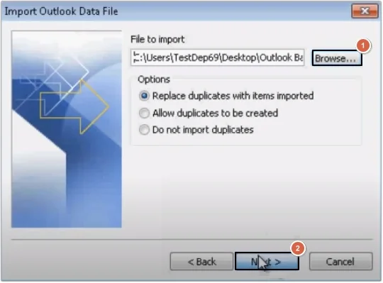 browse to add pst then click next