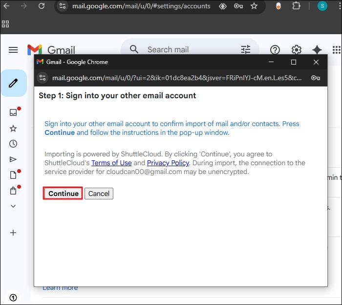 Click Continue to receive confirmation email