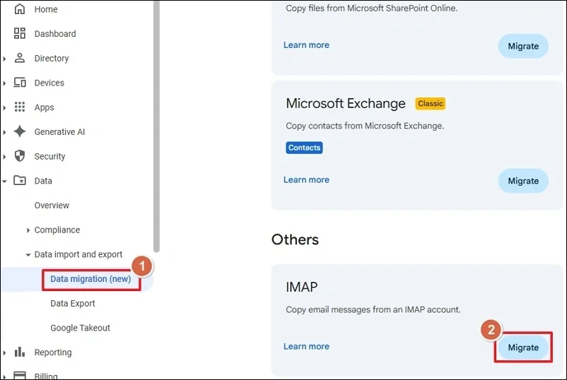 Click Data migration and Find IMAP