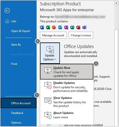 click on Office Account then Update Options then Update Now